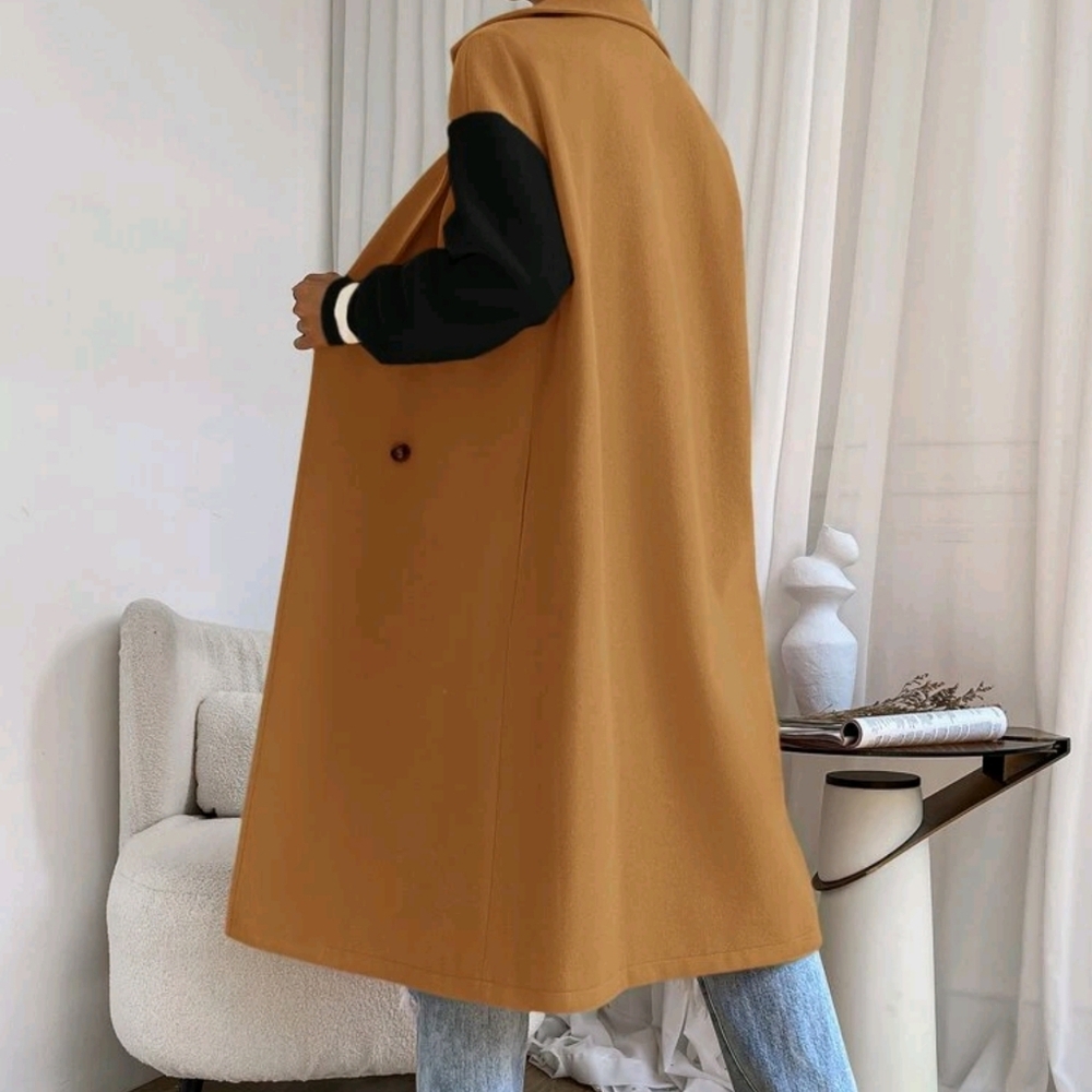 Colorblock Drop Shoulder Double Breasted Overcoat - Picture 2 of 5